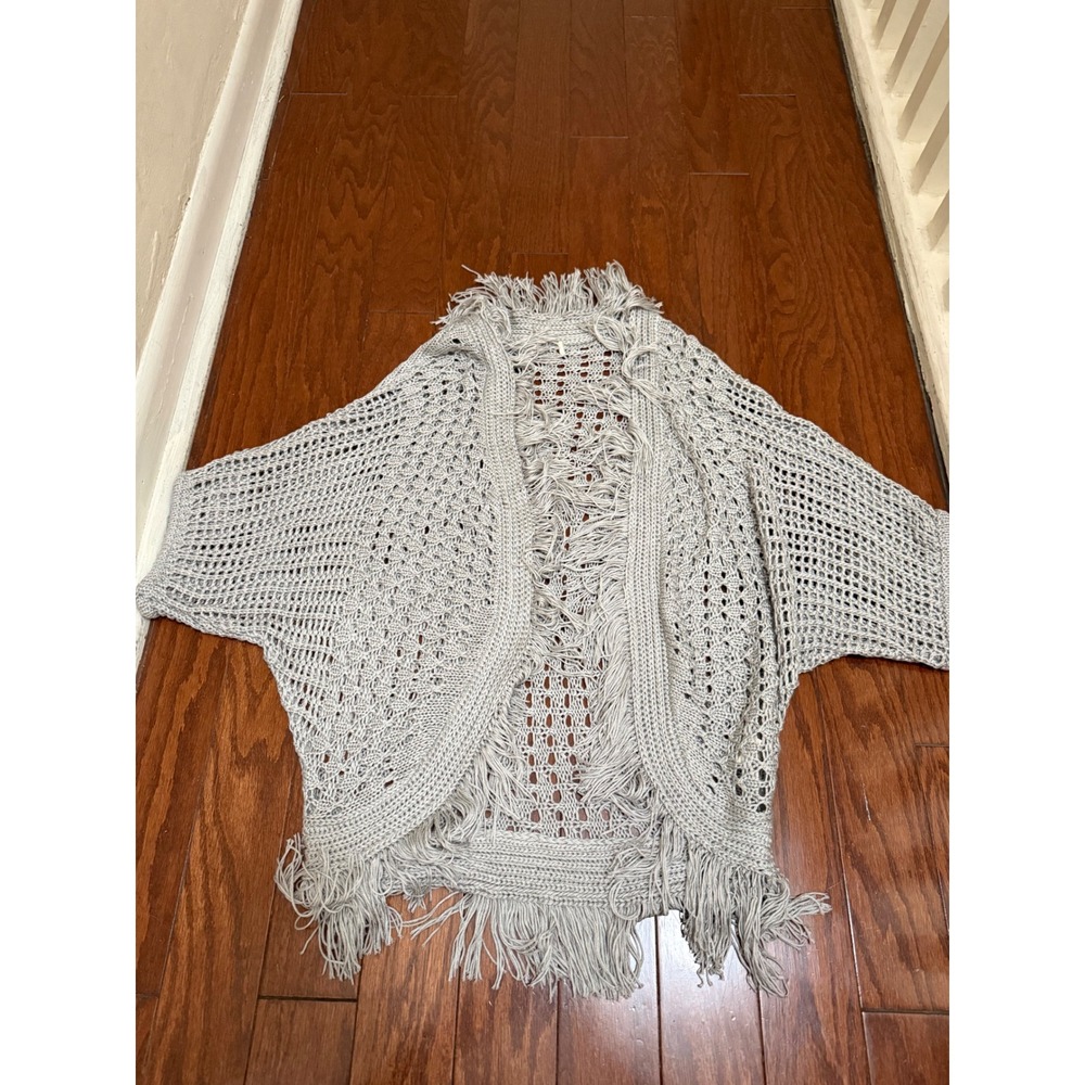 Women Grey Open Knit Fringe Cardigan‎ Boho Crochet Cocoon Sweater S/M